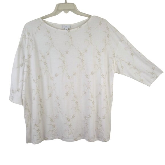 J Jill Floral Embroidered Boat Neck 3/4 Sleeve Ivory Cotton Blend Tee - Picture 1 of 7
